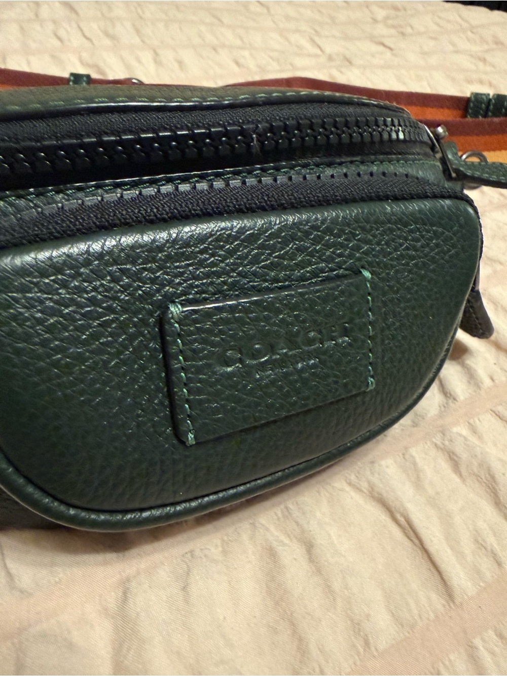 Coach Dark Green Leather Men's Belt Bag with Striped Strap - Picture 3 of 4